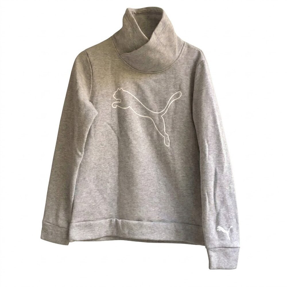 PUMA Women’s S Cowl Funnel Neck Pullover Sweatshirt Gray Outline Logo Activewear